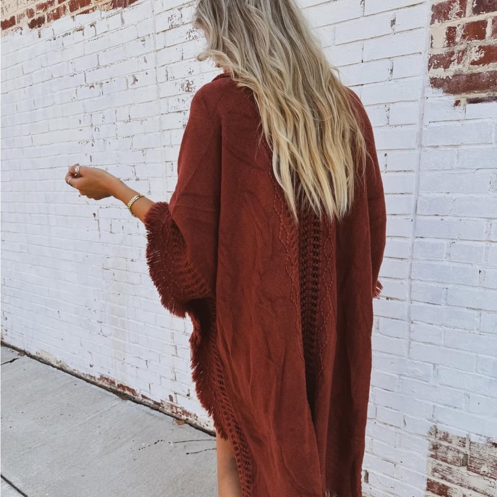 New Bohemian Knit Brown Fringe Poncho Ruana Cardigan Sweater Hippie Top